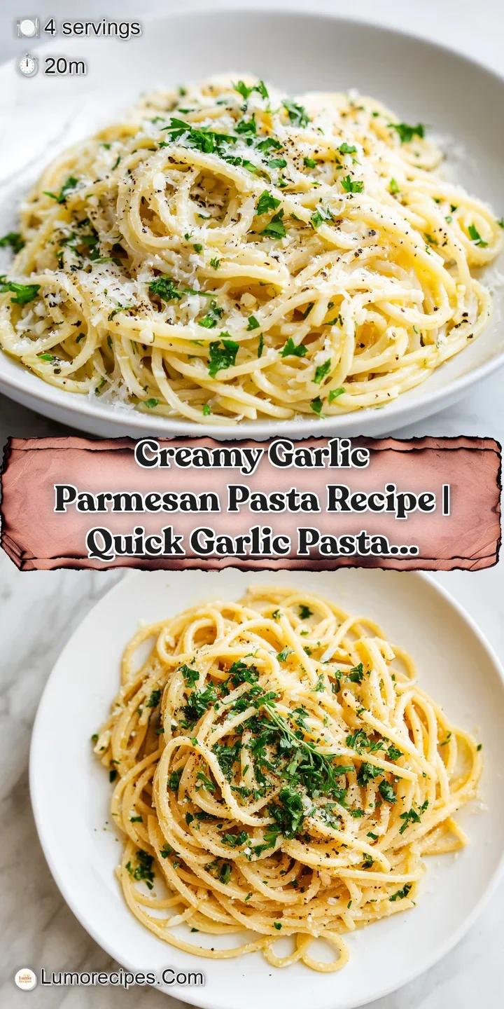 Close-up of tender pasta strands coated in a luscious, cheesy garlic sauce with hints of green herbs.