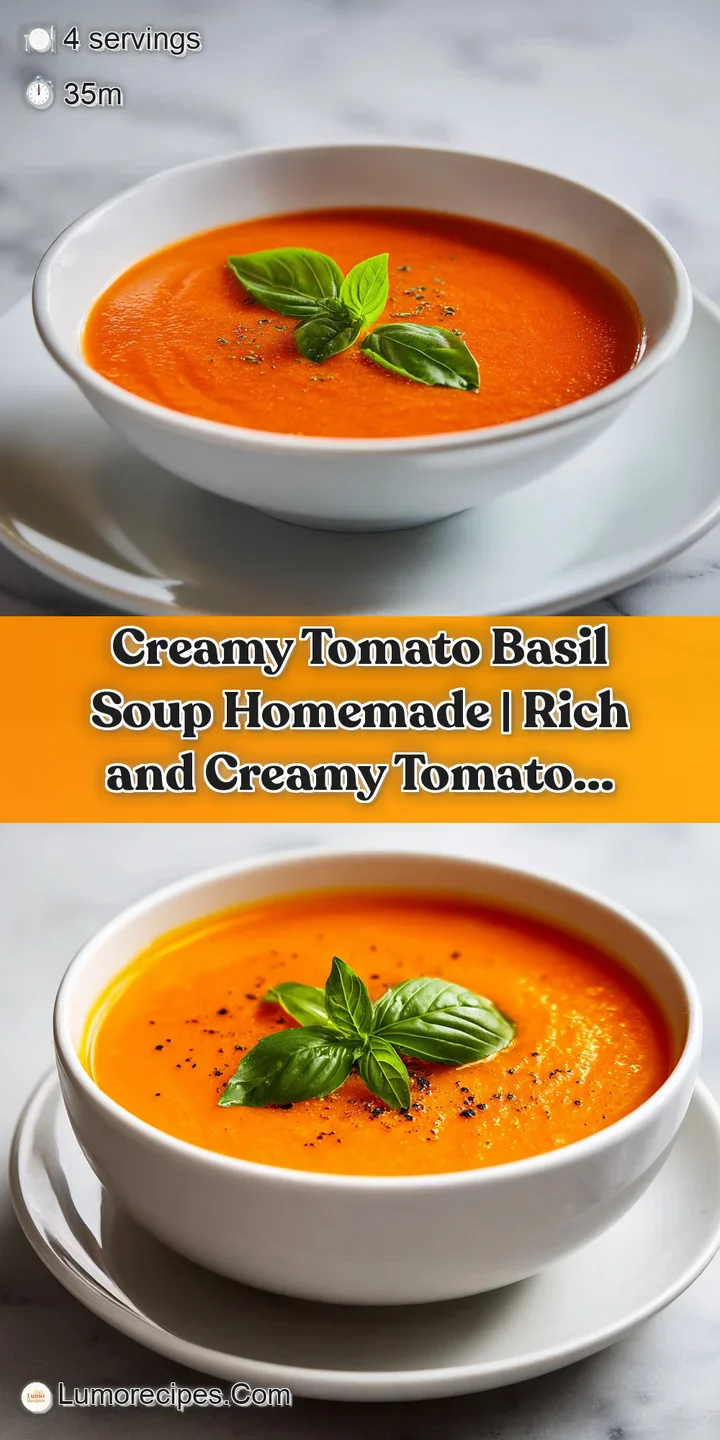 Close-up of smooth, steaming tomato soup with a delicate basil leaf garnish.