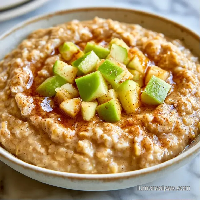 Golden saut&eacute;ed apples atop a creamy porridge in a matte bowl, placed beside a wooden spoon on a neutral linen surface.