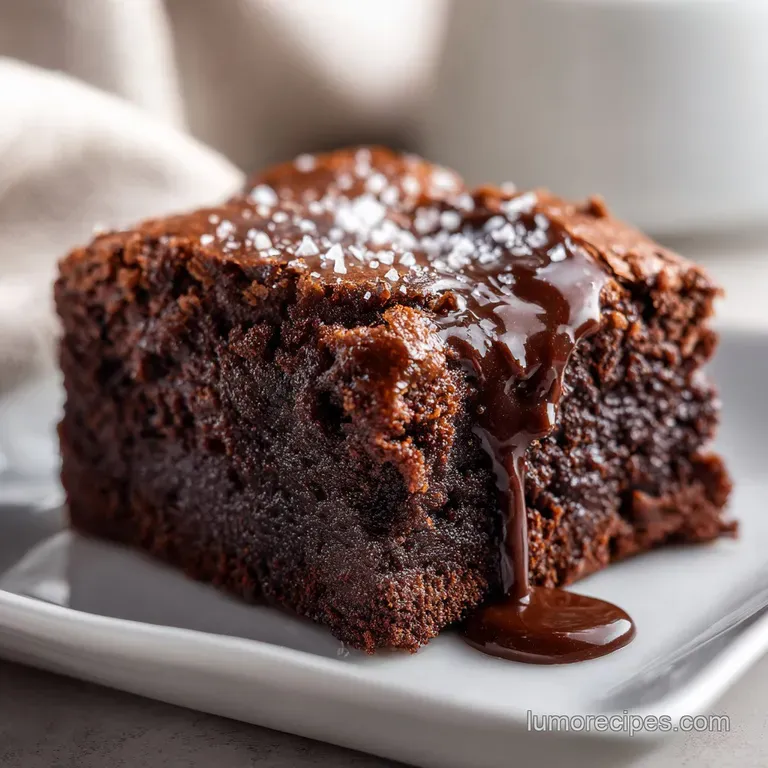 A rich, fudgy brownie square dusted with powdered sugar, next to a scoop of vanilla ice cream.