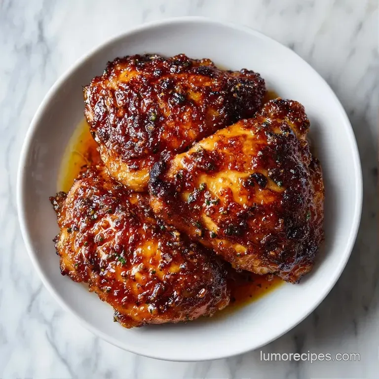 Glistening caramelized chicken thighs arranged neatly on a slate platter with fresh parsley and lemon slices.