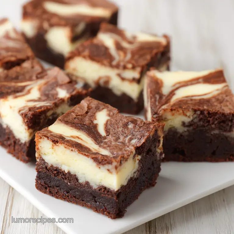 Elegant squares of rich chocolate cake with marbled white cream and cocoa powder on a minimal white ceramic platter.