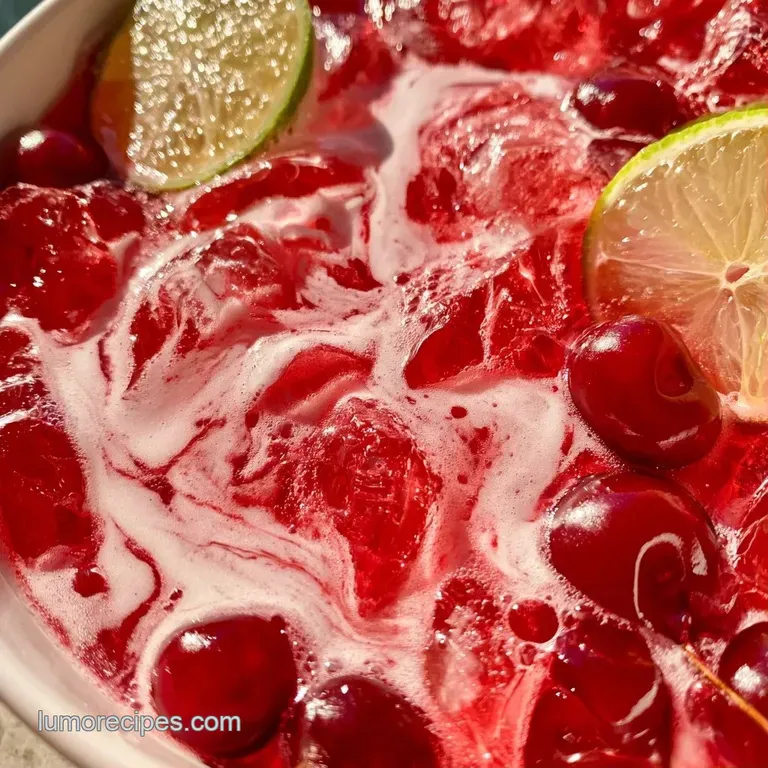 Tall crystal glass of deep amber soda with floating ice cubes and glossy red cherries on a white marble surface.