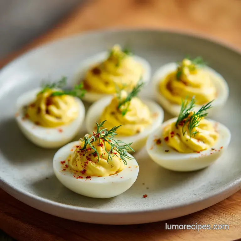 Elegant arrangement of halved deviled eggs on a white plate, garnished with fresh chives.