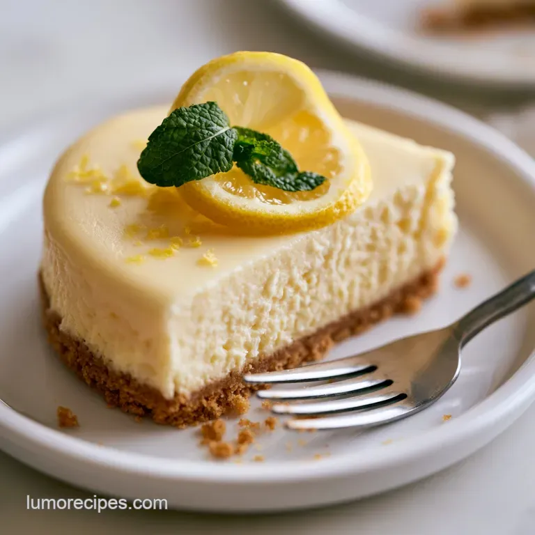 A slice of pale yellow cream cake on a white porcelain plate, drizzled with glaze and topped with a fresh lemon wheel.