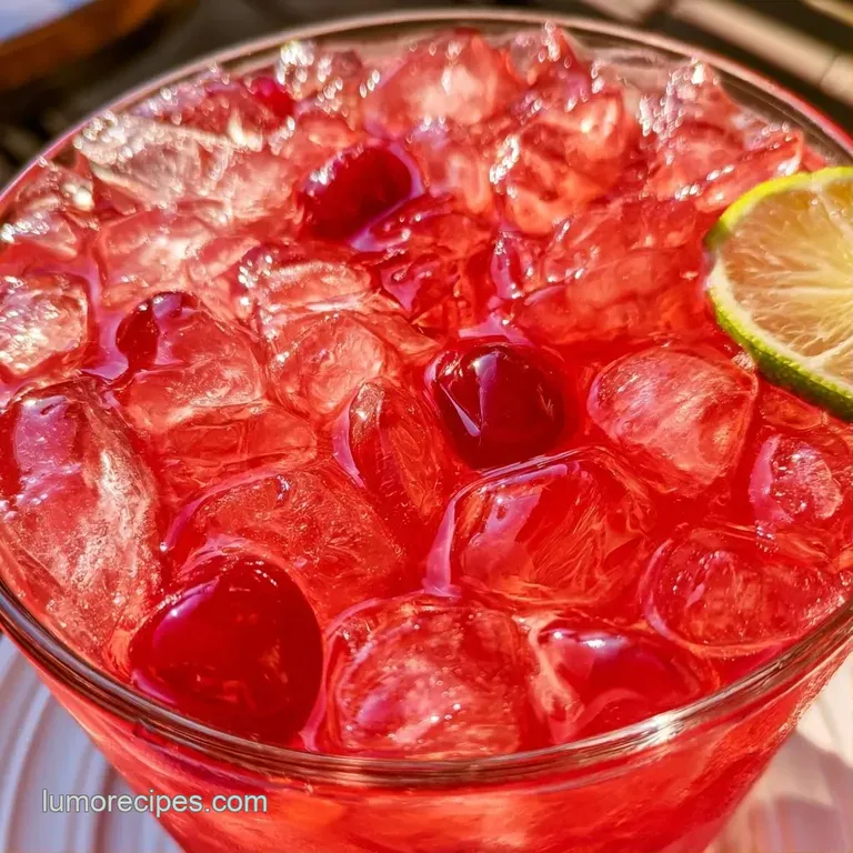 A tall glass of effervescent red drink with ice, topped with a fresh lime wheel and a bright maraschino cherry.