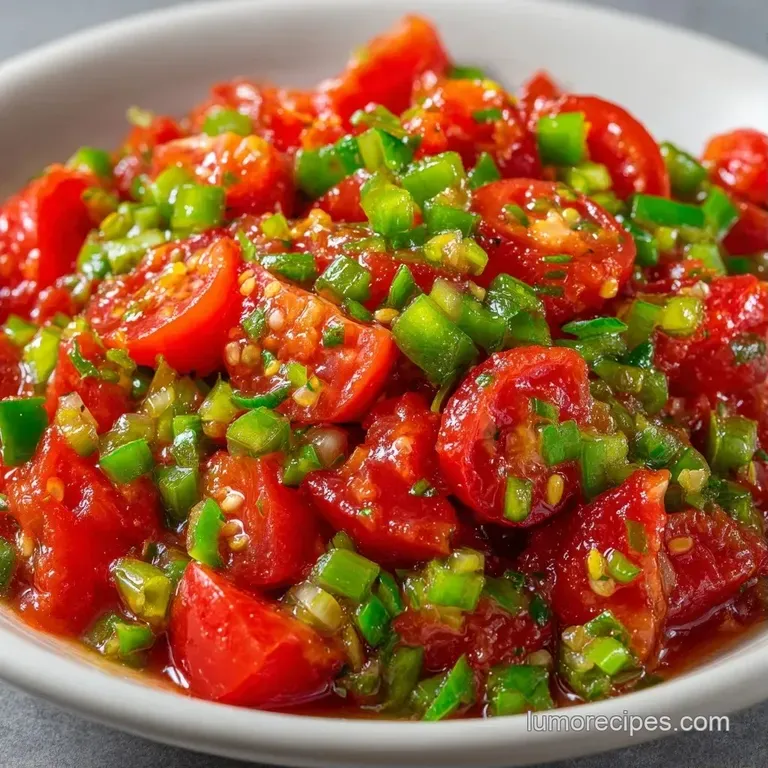 Rustic white bowl containing thick diced tomatoes and green chilies, served with a side of crispy tortilla chips.