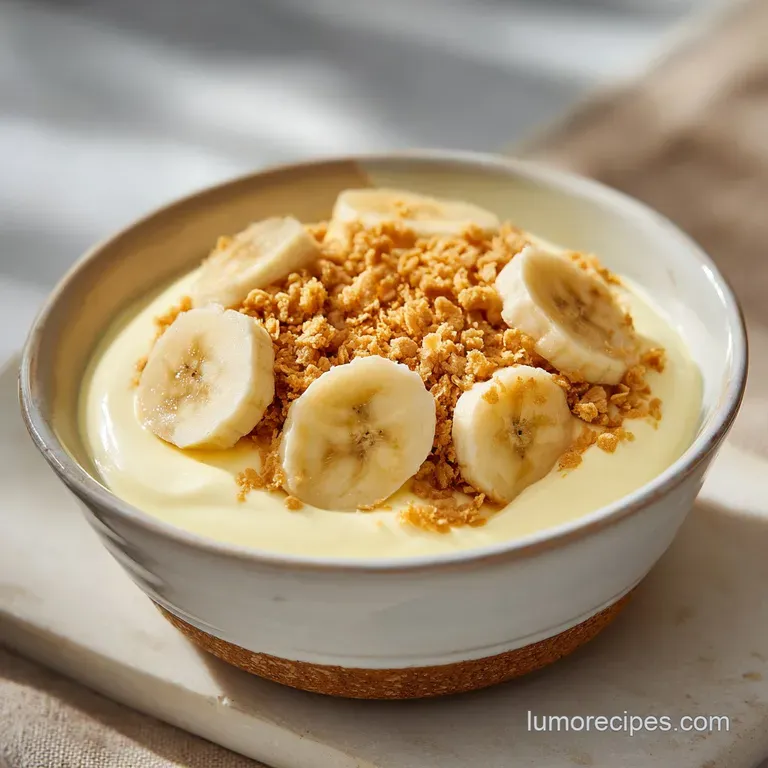 Elegant glass dessert cup filled with layers of thick white cream, sliced bananas, and buttery wafer cookies.