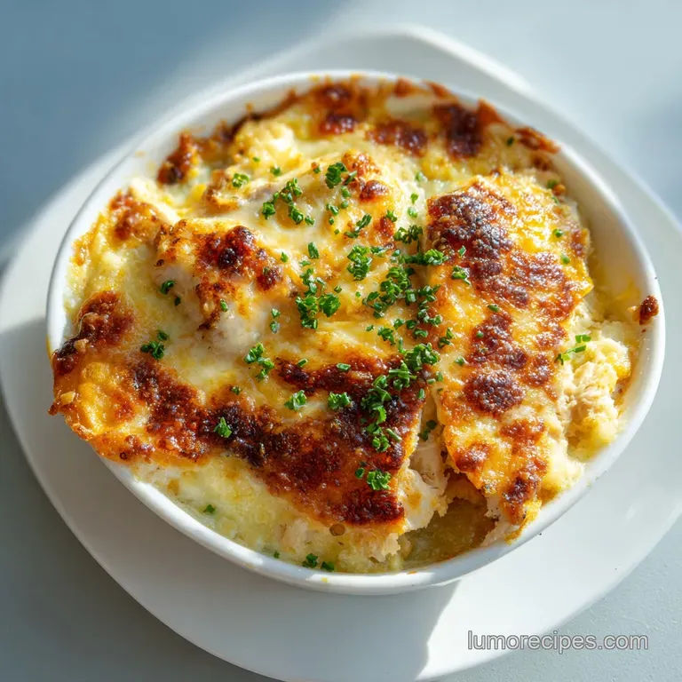 A generous scoop of cheesy chicken bake, topped with fresh chives, served in a rustic bowl.