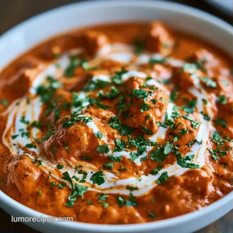 Vibrant orange curry in a white bowl alongside fluffy basmati rice and warm, charred pieces of naan bread.