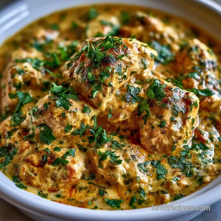 Golden chicken pieces in a silky yellow sauce served with fluffy white rice and a sprinkle of fresh cilantro.