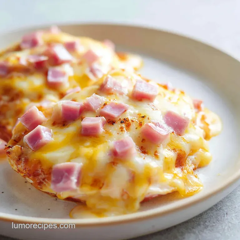 A neat slice of creamy chicken and ham bake on a white plate, topped with melted cheese and a sprig of fresh parsley.