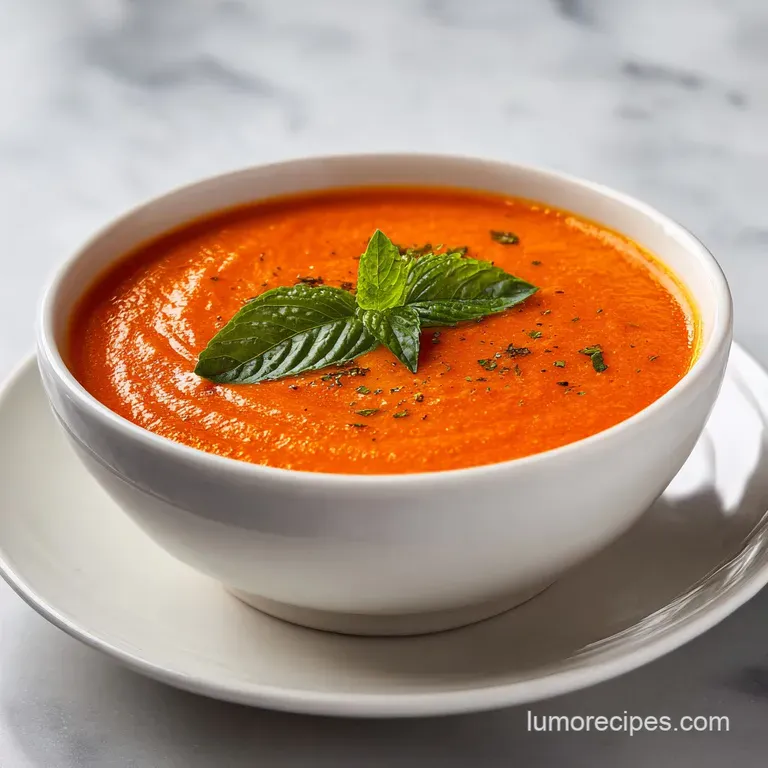 A swirl of white cream atop velvety tomato soup, garnished with bright basil.