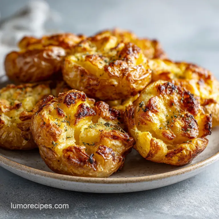 Perfectly crisp smashed potato discs artfully arranged on a white plate, glistening with olive oil.