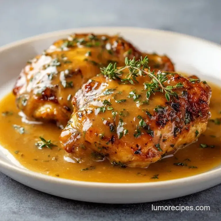 Golden chicken pieces drizzled with a velvet brown sauce on a white plate, garnished with a sprig of fresh parsley.