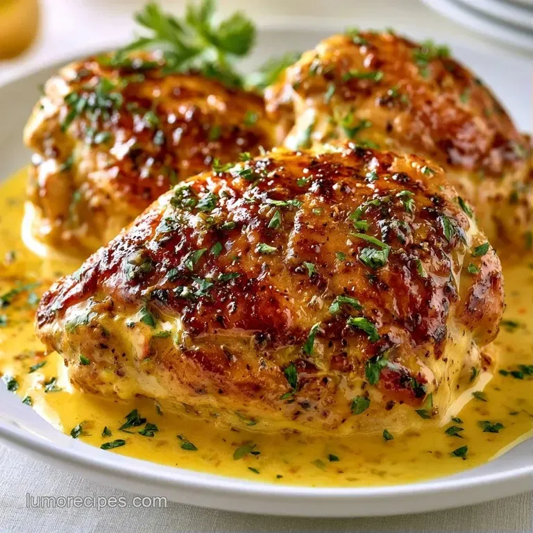 Tender chicken pieces resting in a velvety yellow sauce on a white ceramic plate, garnished with fresh cilantro.