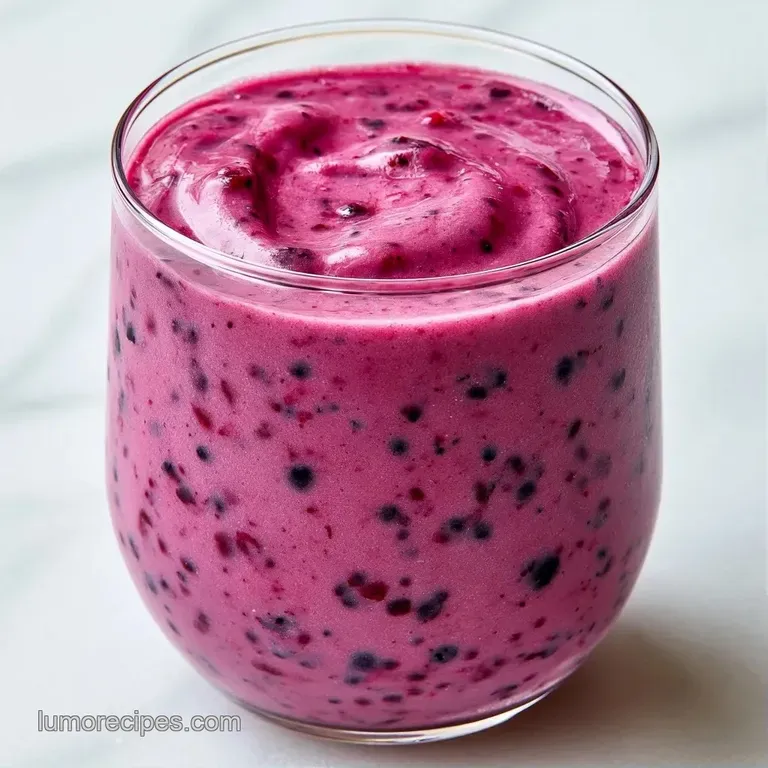 Thick purple smoothie in a frosted glass alongside a bowl of mixed berries and a wooden straw on white linen.