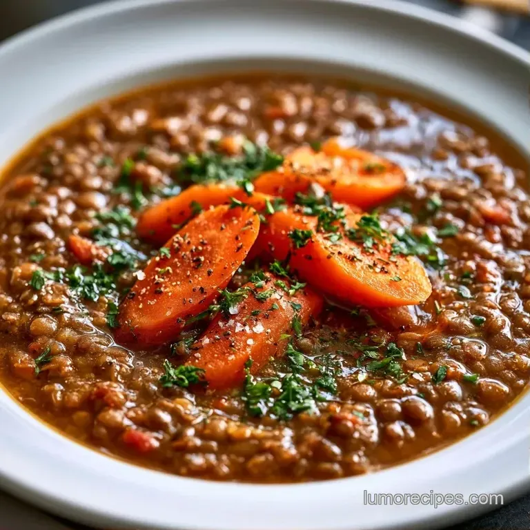 A steaming bowl of thick lentil stew topped with fresh parsley, served beside a crusty slice of whole grain bread.