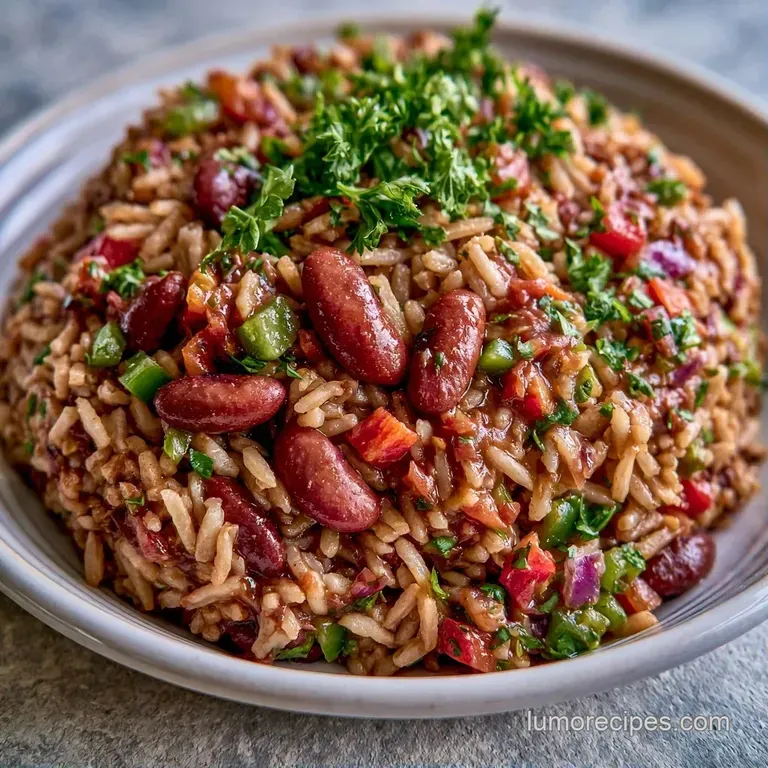A rustic ceramic bowl filled with hearty red legumes over white rice, garnished with sliced scallions and pepper.