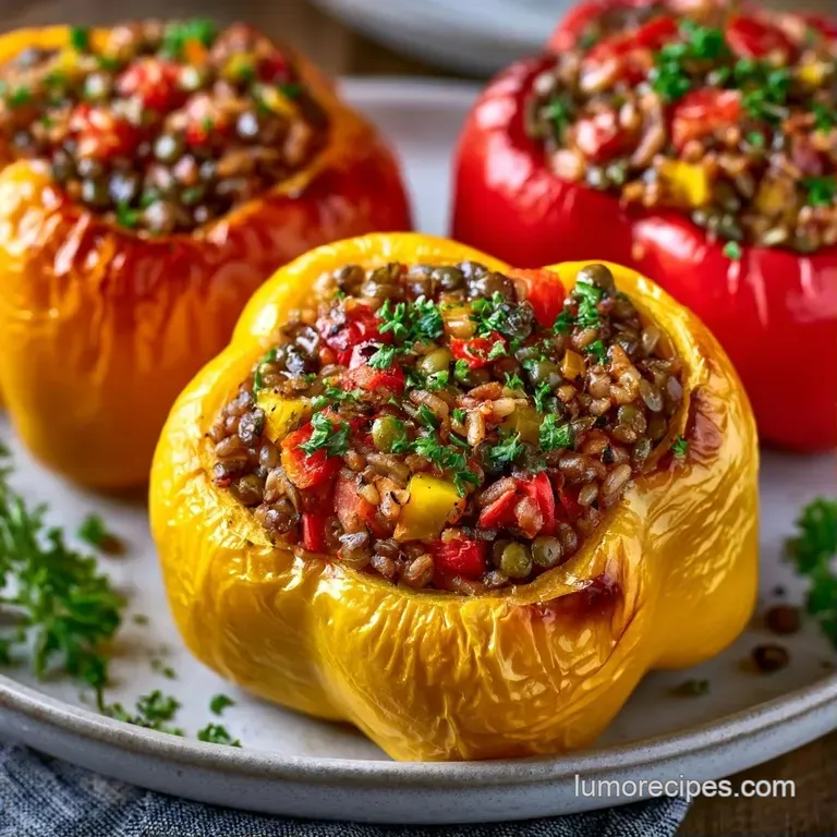 Three vibrant bell peppers filled with savory grains, served on a dark slate plate with a side of creamy avocado.