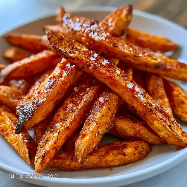 Vibrant orange fries stacked neatly on a white ceramic plate beside a creamy garlic aioli and fresh parsley leaf.