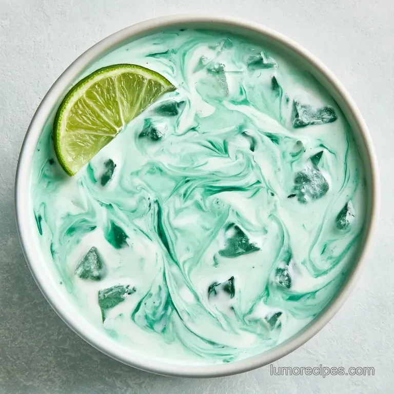 Bright turquoise beverage in a tall glass with a frosted surface, topped with a creamy white foam and a lime slice.