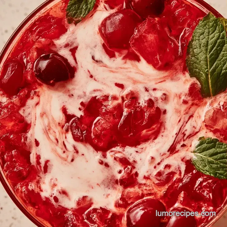 Chilled glass of marbled cola and cream with ice, a bright red cherry, and a straw on a bright, clean marble tabletop.