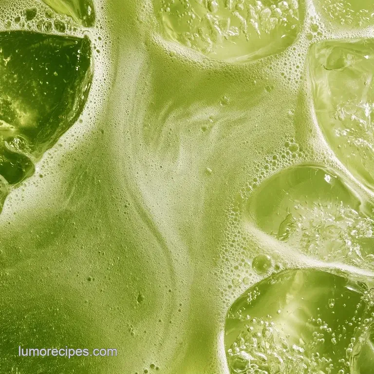 Tall frosted glass of neon green and creamy white beverage topped with a fresh lime wheel and a colorful straw.