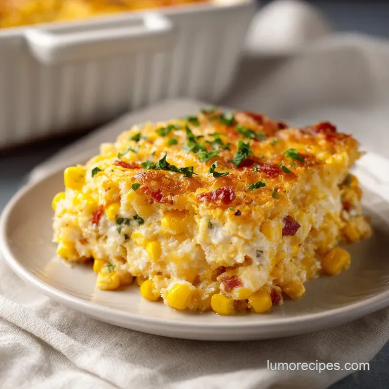 A slice of moist, creamy corn casserole with a tender, fluffy interior, garnished lightly.