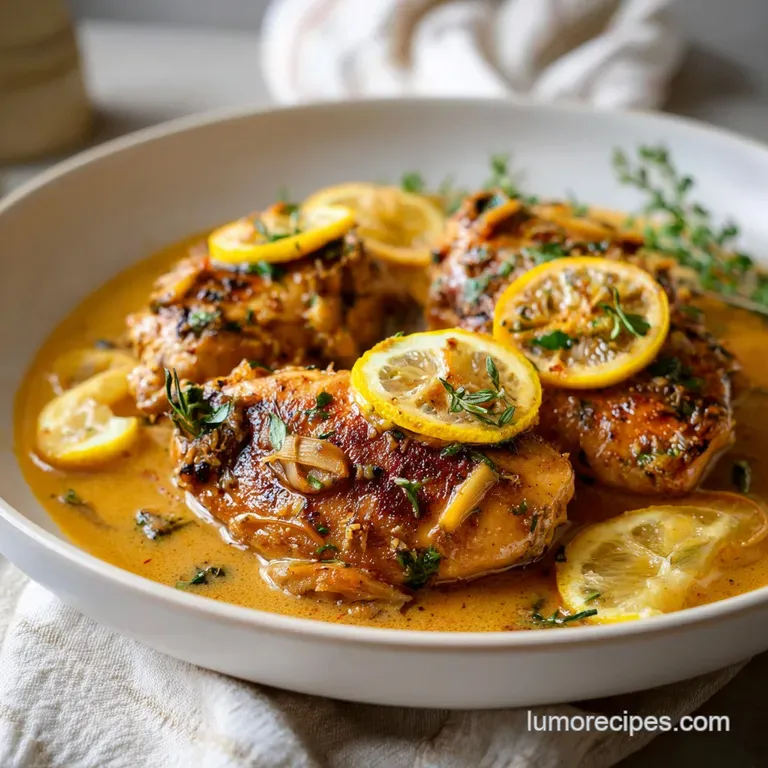 Tender, juicy chicken thigh plated elegantly beside crisp-tender asparagus, drizzled with a fragrant lemon sauce.