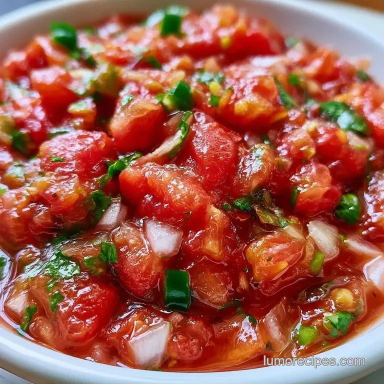 Chunky red tomato salsa in a white bowl served with crisp golden tortilla chips and a fresh lime slice on a slate.