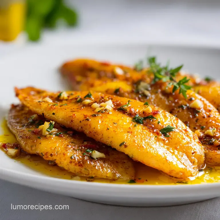 A white ceramic plate featuring a flaky white fillet topped with melted butter and a bright yellow lemon wedge.