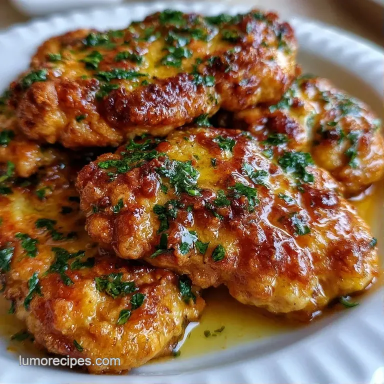 Golden roasted chicken thighs plated on a white ceramic dish with a drizzle of herb butter and fresh parsley.