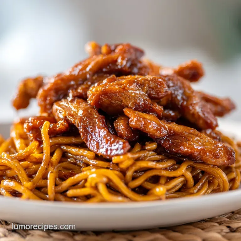 An elegant swirl of glossy noodles topped with browned chicken and fresh green onions on a minimalist white plate.