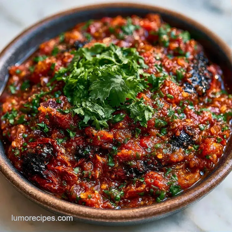 Vibrant red chunky salsa served in a white bowl next to toasted corn tortilla chips on a wooden platter.