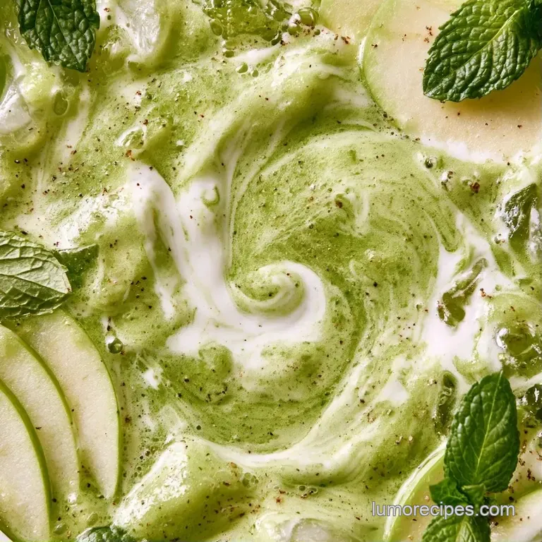 Vibrant neon green beverage in a tall glass with condensation, creamy white swirls, and a crisp apple wedge garnish.