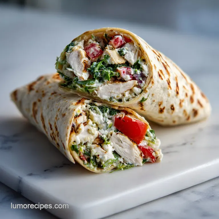 A perfectly rolled chicken salad wrap, sliced to reveal a colorful, creamy filling, artfully arranged on a white plate.
