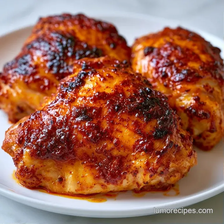 Glazed golden chicken thighs plated on creamy mashed potatoes with a drizzle of rich sauce and a sprig of thyme.