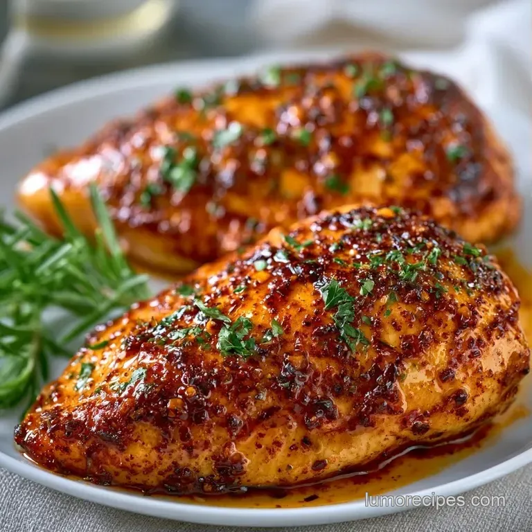 Plated tender chicken thighs with a glossy reduction, accented by a sprig of thyme on a minimalist ceramic dish.