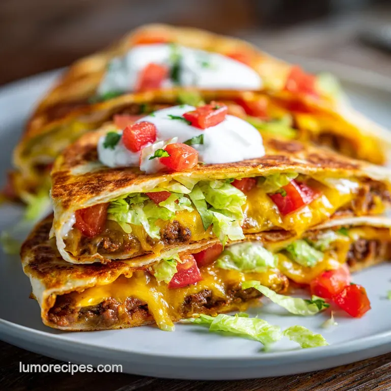 Crunchwrap cut diagonally, revealing layers of melted cheese and seasoned filling on a dark plate.