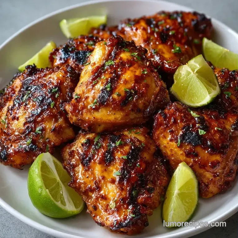 Sliced chicken breasts drizzled in a shimmering amber syrup, garnished with lime zest and fresh green parsley.