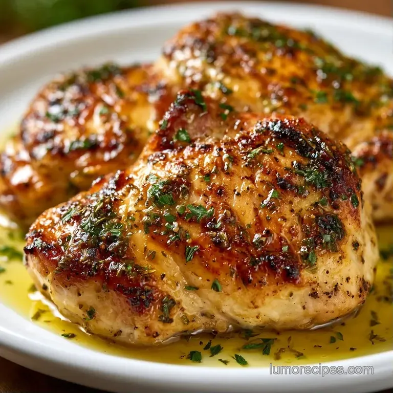 Sliced juicy chicken breast on a white plate with a drizzle of gold oil, kalamata olives, and fresh parsley sprigs.
