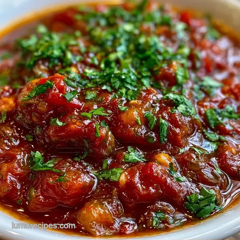 Deep red sauce in a white porcelain bowl served with golden toasted corn tortilla chips on a dark wooden board.