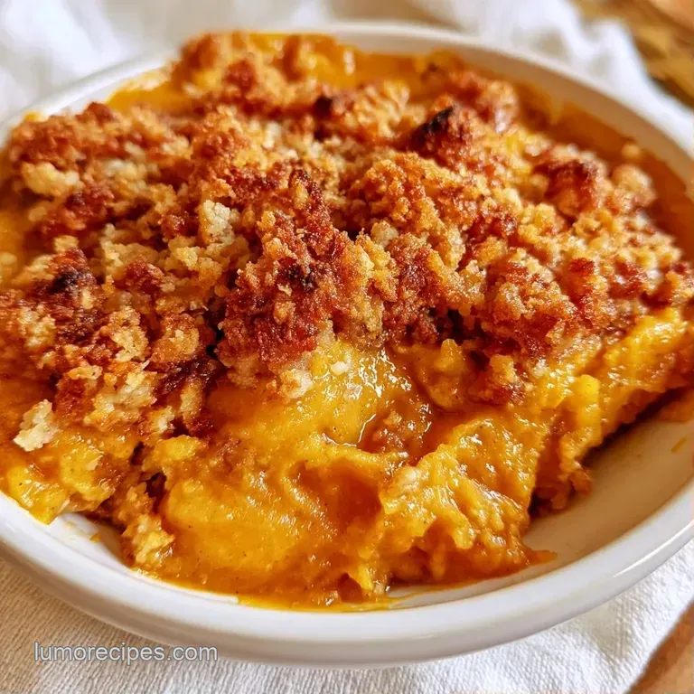 Toasted oat crumble over orange spiced filling in a white bowl, finished with a drizzle of cream and cinnamon.