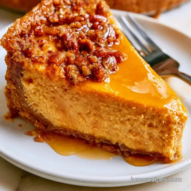 A slice of creamy orange cheesecake on a white plate, drizzled with caramel and topped with toasted pecan halves.