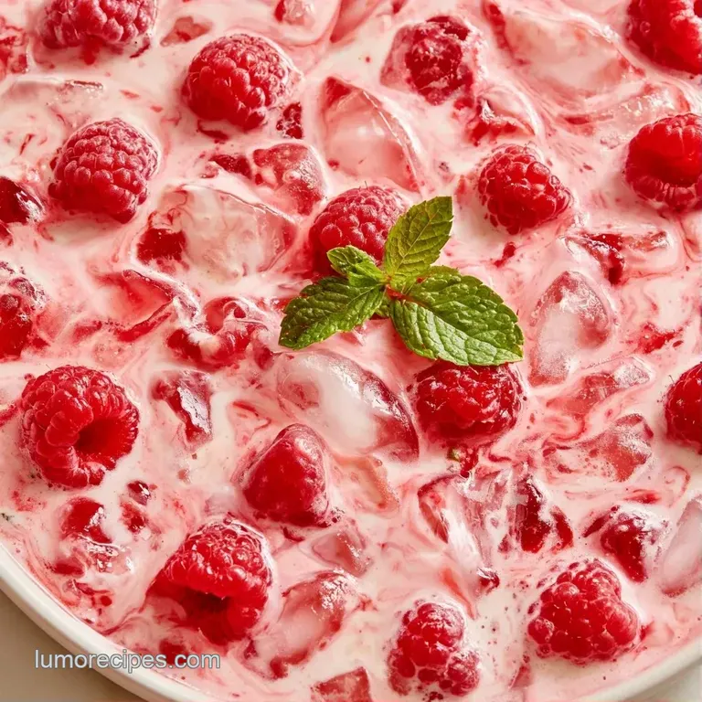 Sparkling pink drink in a tall glass with a thick cream layer, garnished with fresh mint and ripe red raspberries.