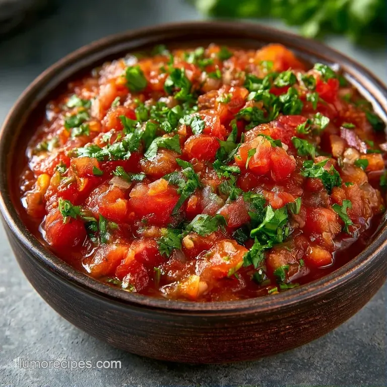 Vibrant red tomato dip served in a ceramic bowl surrounded by crunchy corn tortilla chips on a dark wood board.