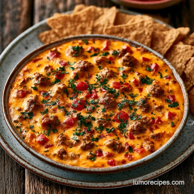 Gooey melted cheese and savory beef in a ceramic bowl, surrounded by colorful corn tortilla chips on a wooden tray.