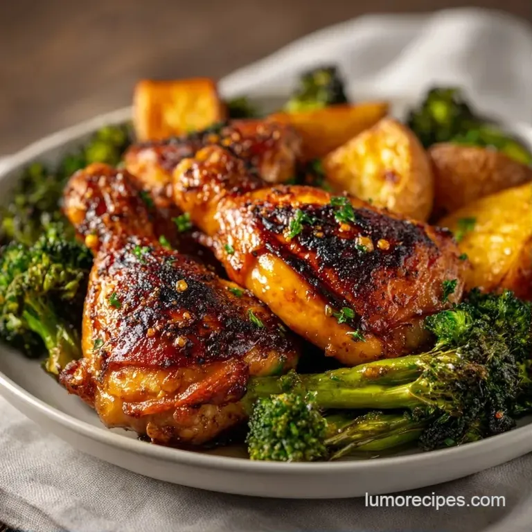 A juicy roasted chicken thigh served over a colorful heap of tender, caramelized carrots and green broccoli.
