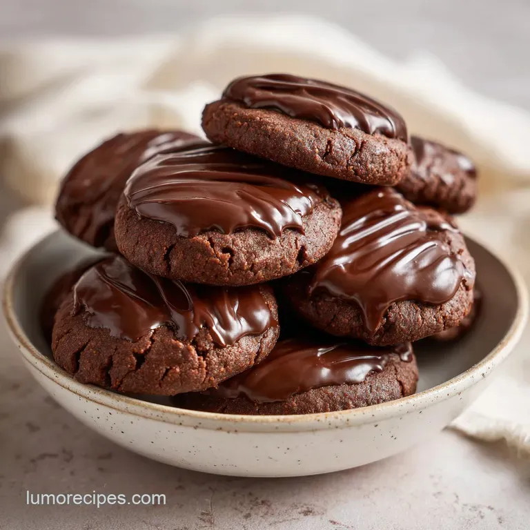 A delicate stack of chocolate cookies, lightly dusted with powdered sugar, on a rustic wooden board.